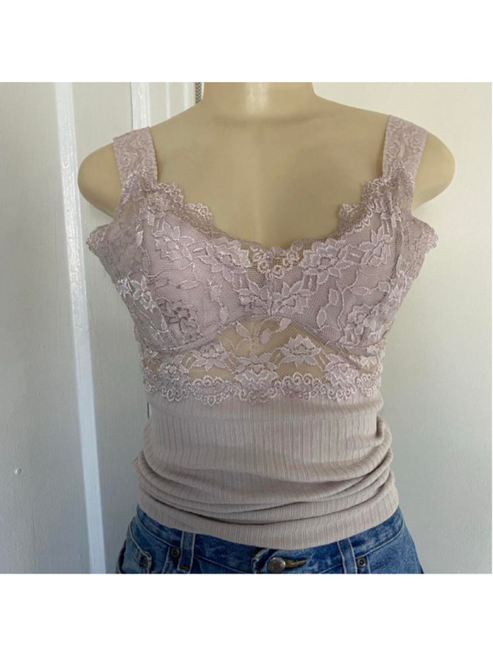 Pink lace cami top with floral design